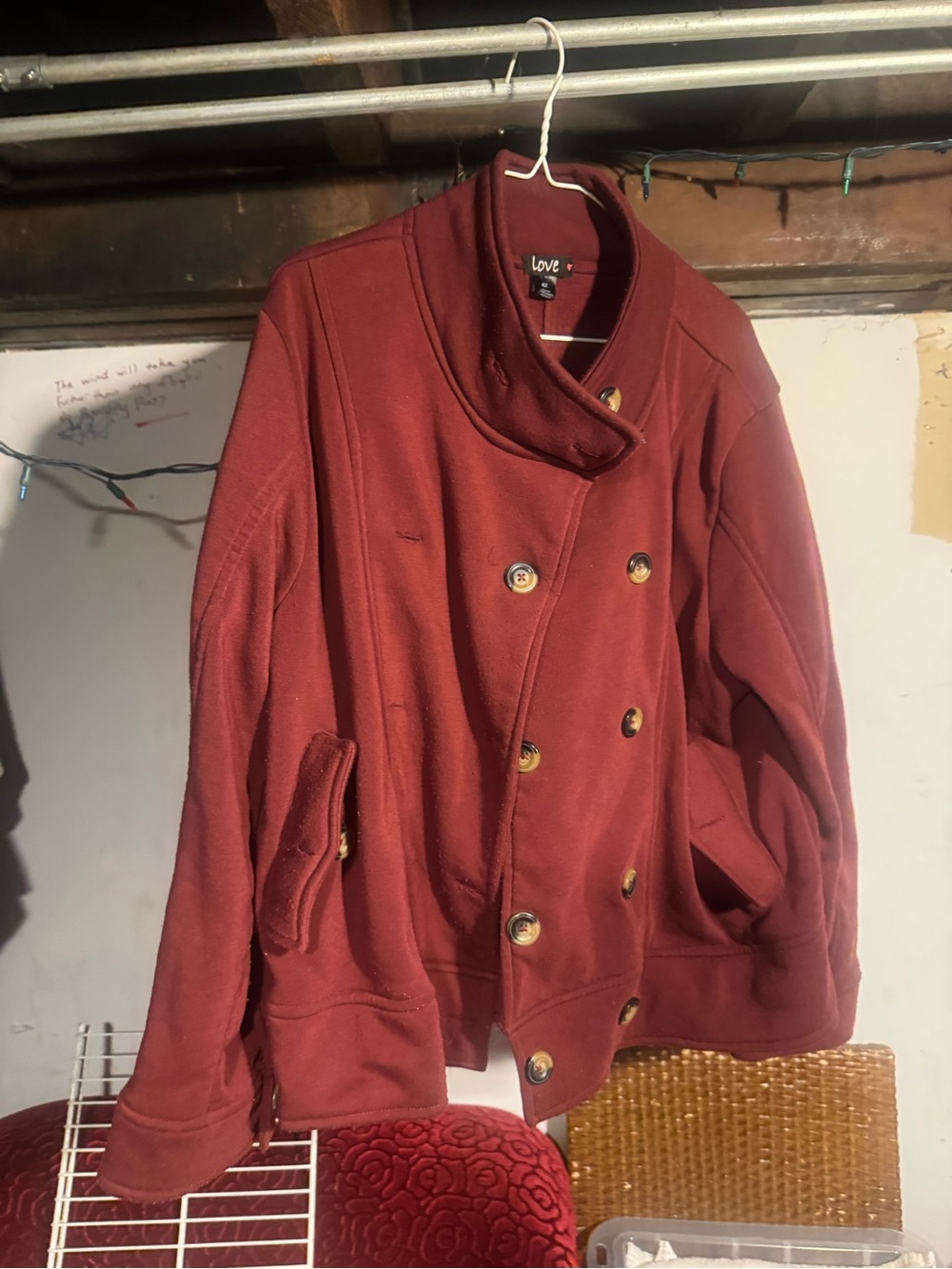 Love Maroon Double-Breasted Pea Coat with Gold Buttons